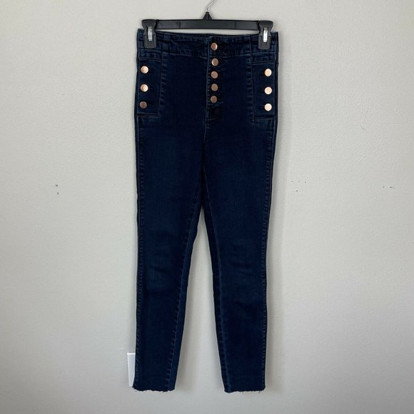 J Brand Denim - J Brand Natasha Sky High Skinny Jeans Button Fly Button Sides Size 24 Dark Wash